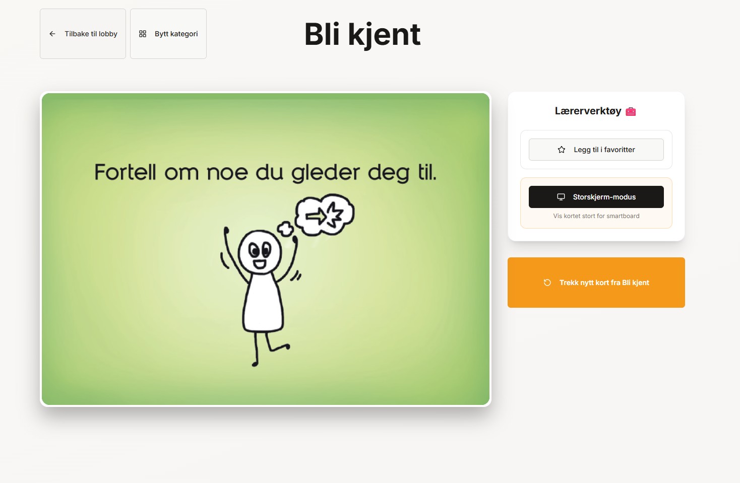 Samtalekort vises på storskjerm i klasserommet — Heispillet Digital
