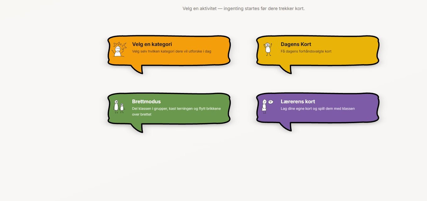 Aktivitetsvelger i Heispillet Digital med kategori, dagens kort, brettmodus og lærerens kort